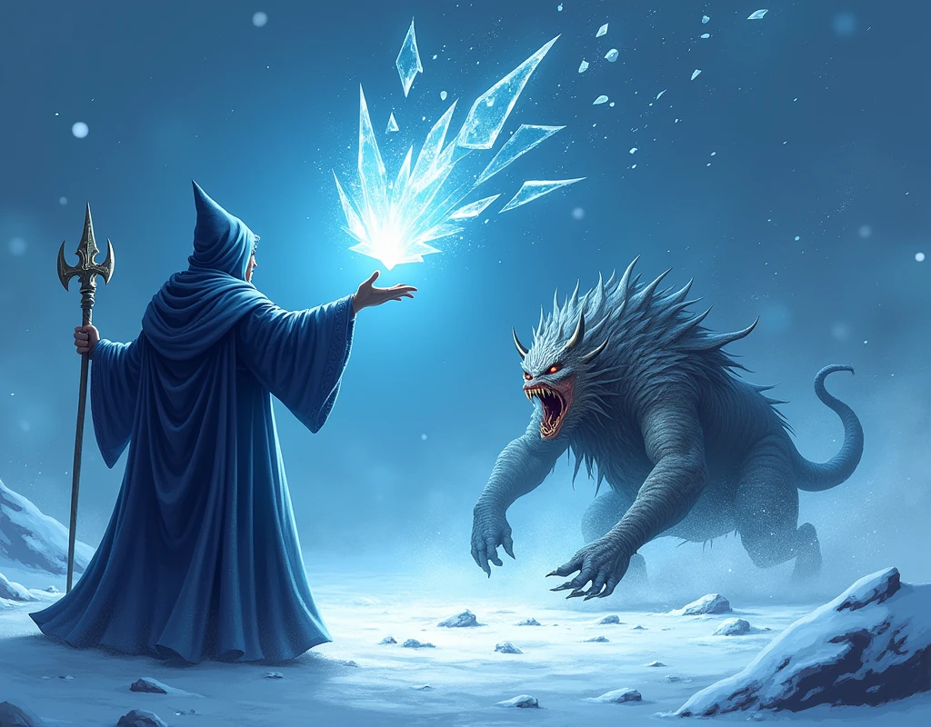 Create an illustration of a ice spell in action. A mage stands with one hand raised, conjuring a sharp fragment of ice that hovers in the air, glowing with a cold, bluish light. The shard of ice is detailed with jagged edges and frost patterns, ready to be launched. The background suggests a cold, wintry environment with snowflakes swirling around. The target, a menacing creature within range, is in the mage's line of sight, its expression showing fear or determination as it faces the incoming ice shard. The scene is dynamic, capturing the moment just before the ice is unleashed