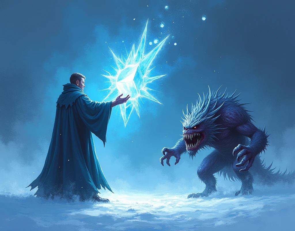 Create an illustration of a ice spell in action. A mage stands with one hand raised, conjuring a sharp fragment of ice that hovers in the air, glowing with a cold, bluish light. The shard of ice is detailed with jagged edges and frost patterns, ready to be launched. The background suggests a cold, wintry environment with snowflakes swirling around. The target, a menacing creature within range, is in the mage's line of sight, its expression showing fear or determination as it faces the incoming ice shard. The scene is dynamic, capturing the moment just before the ice is unleashed