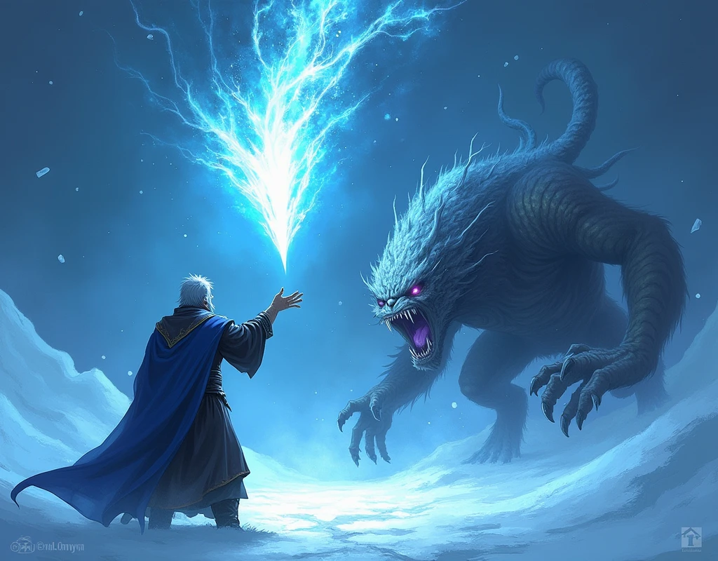 Create an illustration of a ice spell in action. A mage stands with one hand raised, conjuring a sharp fragment of ice that hovers in the air, glowing with a cold, bluish light. The shard of ice is detailed with jagged edges and frost patterns, ready to be launched. The background suggests a cold, wintry environment with snowflakes swirling around. The target, a menacing creature within range, is in the mage's line of sight, its expression showing fear or determination as it faces the incoming ice shard. The scene is dynamic, capturing the moment just before the ice is unleashed