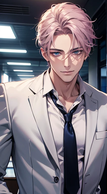(Highest quality,4K,8K,High resolution,masterpiece:1.2),Super detailed,(Realistic,photoRealistic,photo-Realistic:1.37),1 person,31 years old,Mature Men,Beautiful skin、very handsome,Expressionless,smile,Short gray pink hair,blue eyes,Sharp Eyes,A perfect face without a doubt,Businessman,Office Background,Cinema Lighting,HDR image,tie、