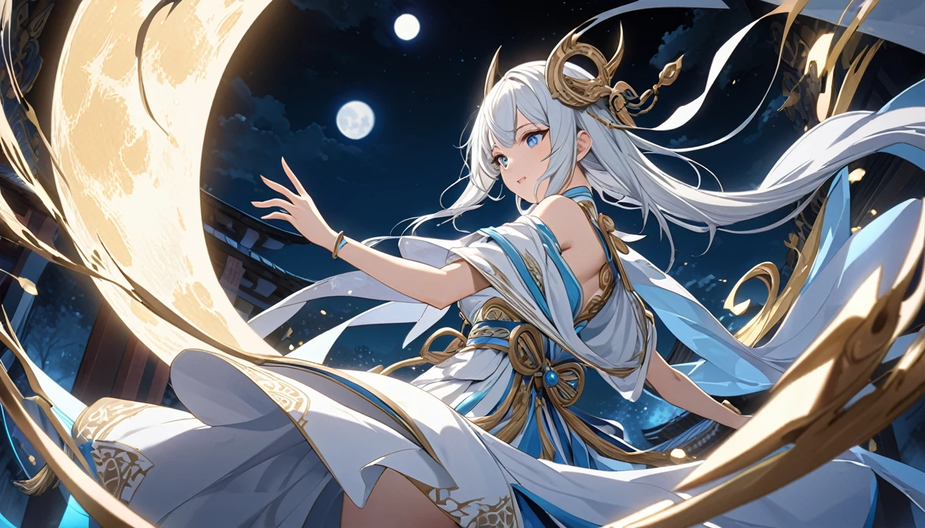 **222. One person。Moon Shrine Maiden battle scene。The moon temple floating in the night sky。Cowboy shot or close-up。
masterpiece, best quality, ultra detailed (Detailed fingers), (Emotional), (Breathtakingly beautiful),
(main part: 1.2 Whole body。), (Anime Style), (Very detailed), (Controlling the power of the moon),
(超High resolution, High resolution), (8k), (High resolution: 1.2), (Complex and beautiful: 1.2)**
- background: A temple floating in the night sky、A mysterious space where the full moon shines。
- Moon Priestess: Wearing a white robe wrapped in moonlight、Controlling the power of the moon少女。
-pose: Evoke the moonlight、The moment it is fired at the enemy。
-expression: A gentle and mysterious smile、A posture that conveys the serenity of a moon shrine maiden。
- Effects: The moonlight shines around her、Enemy purification effect。
-color: Silver and blue moonlight colors、A contrast that symbolizes the silence of the night。