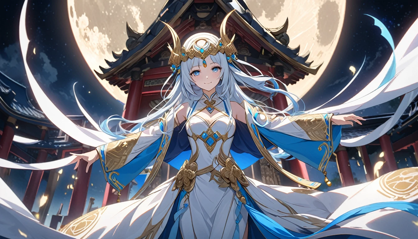 **222. One person。Moon Shrine Maiden battle scene。The moon temple floating in the night sky。Cowboy shot or close-up。
masterpiece, best quality, ultra detailed (Detailed fingers), (Emotional), (Breathtakingly beautiful),
(main part: 1.2 Whole body。), (Anime Style), (Very detailed), (Controlling the power of the moon),
(超High resolution, High resolution), (8k), (High resolution: 1.2), (Complex and beautiful: 1.2)**
- background: A temple floating in the night sky、A mysterious space where the full moon shines。
- Moon Priestess: Wearing a white robe wrapped in moonlight、Controlling the power of the moon少女。
-pose: Evoke the moonlight、The moment it is fired at the enemy。
-expression: A gentle and mysterious smile、A posture that conveys the serenity of a moon shrine maiden。
- Effects: The moonlight shines around her、Enemy purification effect。
-color: Silver and blue moonlight colors、A contrast that symbolizes the silence of the night。