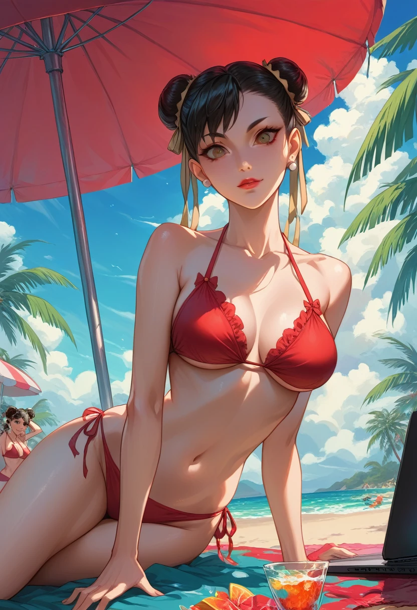 atmosfera sombria motor gráfico engine 5 ful hd 4k 100 lines art chun-li power Fenix + Naruto elf sexy seios pequenos e empinados slim with repicado silver withe neon repicado hair lounges on a beach towel under a colorful umbrella. She wears a black + red bikini with frills and a sheer, olhos azuis lindos decorated cover-up, appearing relaxed while using a laptop. The background features a tropical beach scene with palm trees, soft waves, and a clear blue sky dotted with clouds. Sunlight glistens on her skin, and a glass with a drink sits nearby.