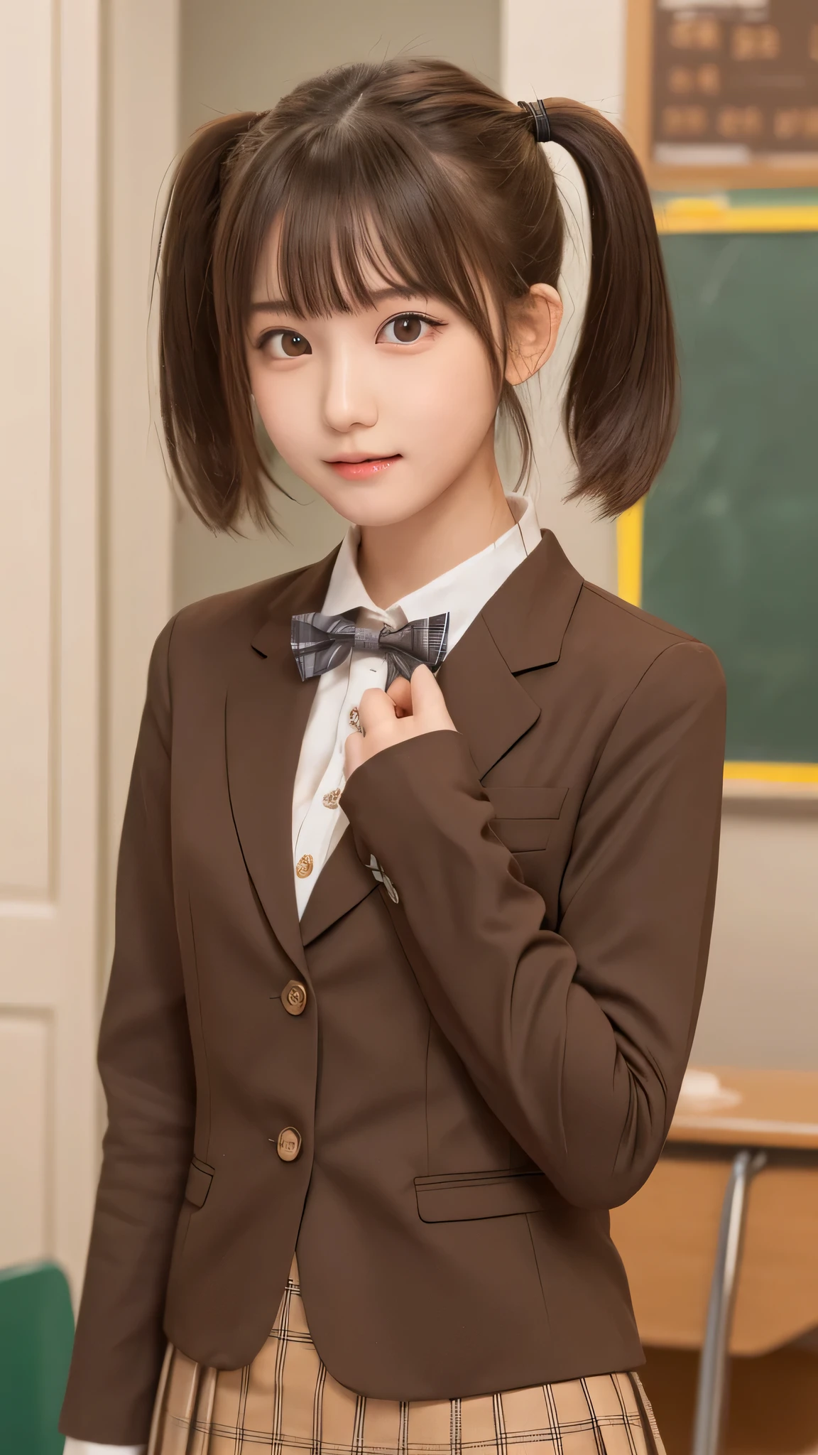 Tabletop, Highest quality, (beautiful girl:1.3), (16 years old:1.2), Very fine grain definition, (Symmetrical eyes:1.3), ((Browsing Caution)), (school uniform, Cute checked brown skirt:1.3), Beautiful breasts, Brown eyes, Parted bangs, Brown Hair, Upper teeth,Twin tail hairstyle,Brown blazer