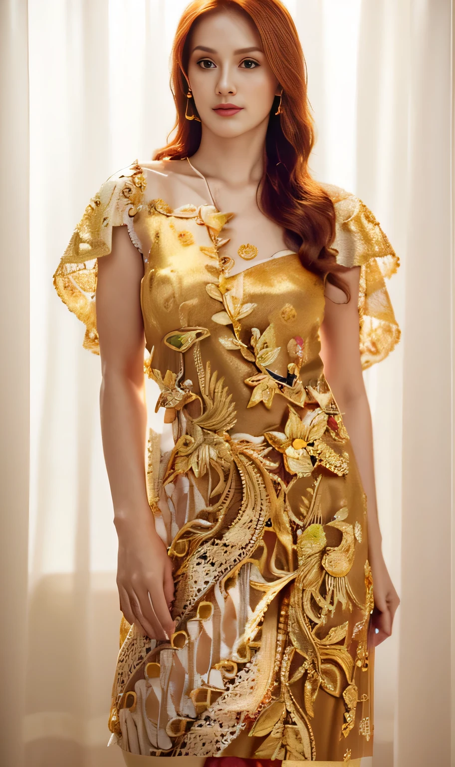 Photorealistic Production, (One Person), (Realistic Image of a 25 Years Old British Female Model), (Shoulder-level Wavy Ginger Hair:1.6), (Athletic Body Builds:1.4), (Pale Skin:1.4), (Wearing a White Ornated Kebaya Dress with Silk Cloth and Golden Jeweleries:1.6), (Serious Face), (Deep Cleavage), (Elegant Pose:1.6), Centered, (Waist-up Shot:1.4), From Front Shot, Insane Details, Intricate Face Detail, Intricate Hand Details, Cinematic Shot and Lighting, Realistic Colors, Masterpiece, Sharp Focus, Ultra Detailed, Taken with DSLR camera, Realistic Photography, Depth of Field, Incredibly Realistic Environment and Scene, Master Composition and Cinematography