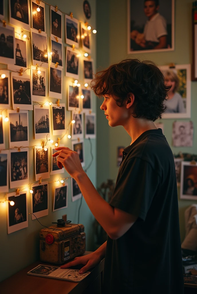 tom holland in place of max caufield from the game life is strange looking at several polaroids on the wall stuck in his room
