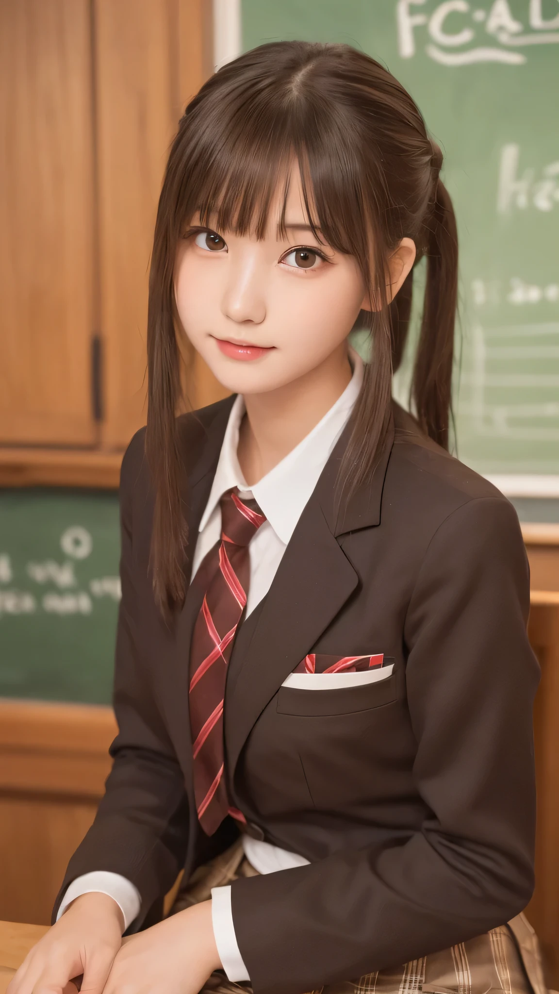 Tabletop, Highest quality, (beautiful girl:1.3), (16 years old:1.2), Very fine grain definition, (Symmetrical eyes:1.3), ((Browsing Caution)), (school uniform, Cute checked brown skirt:1.3), Beautiful breasts, Brown eyes, Parted bangs, Brown Hair, Upper teeth,Twin tail hairstyle,Brown blazer
