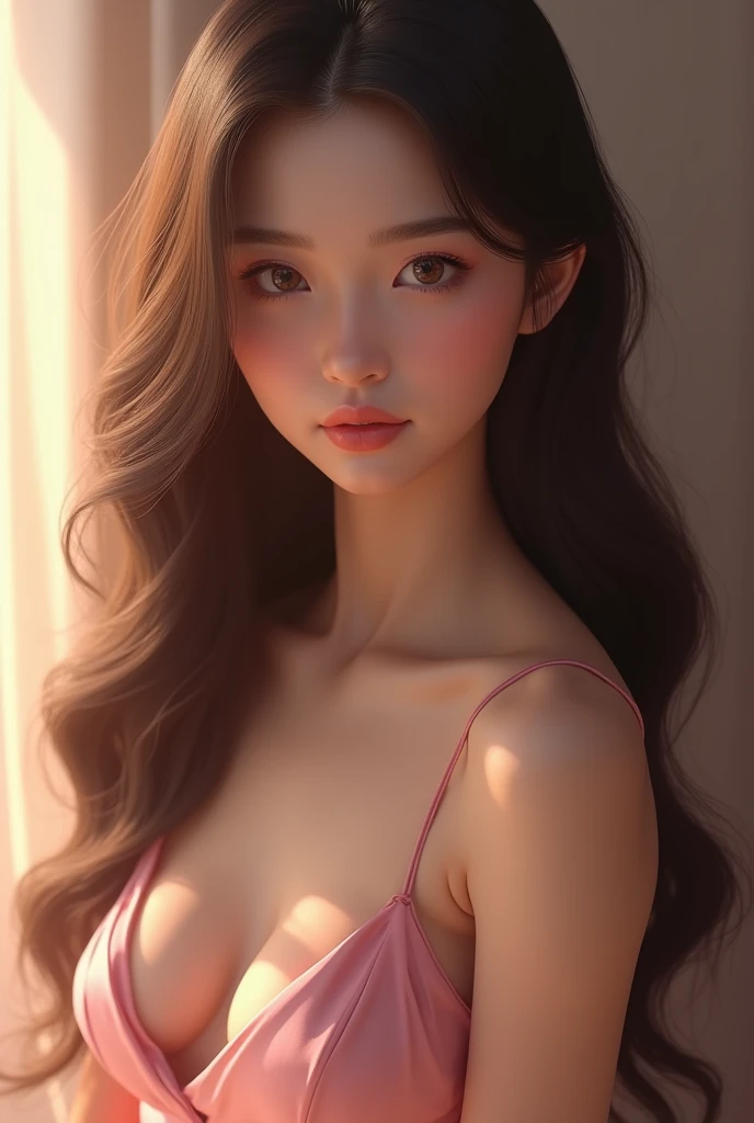 High quality work Realistic work Super High-quality graphics,8K HD CG 작동,High-quality graphics,High definition and elaborate CG work,10x Pixel,Ultra-fine details:1.1,Advanced technical details:1.1逼真的室内灯lighting effects果:1.5,natural and soft light:1.5. lighting effects(虚拟灯lighting effects果:1.8),超A high resolution ,transparent hair,high detail hair(High quality hair details:1.1)clear eyes,Your double eyelids look good.,Sharp eye makeup, Create luxurious eyelash makeup, tthin eyebrows, very detailed eyes,high nose, Lovely red lips, Rosy cheeks, Delicate makeup on her face , pretty face, The facial proportions are perfect.,(Advanced facial details:1.1), Women's works,Spaghetti Strap Bodycon Dress Full Body Video,,A surprising split,Your eyes are so bright and vivid today, high resolution, 1 woman, glowing skin, alone, like a jewel, Reddish pink lips, long white hair, eblue eyes, Shut up, ,Hip hop, ,Please draw a young woman with long wavy dark brown hair hanging over her shoulders in a dreamy background.. She has soft, smooth, bright skin., The face is delicate, with large, expressive eyes that sparkle slightly.. The lips are a natural, soft pink color., It's a little bit open. She is wearing a silky pink sleeveless dress., The dress catches the light and has a slight sheen.. The dress fits her body perfectly and accentuates her figure.. Her face has a calm and serene expression., Tilt your head slightly. The background is softly blurred., Warm, natural lighting adds a soft, inviting atmosphere to the scene..