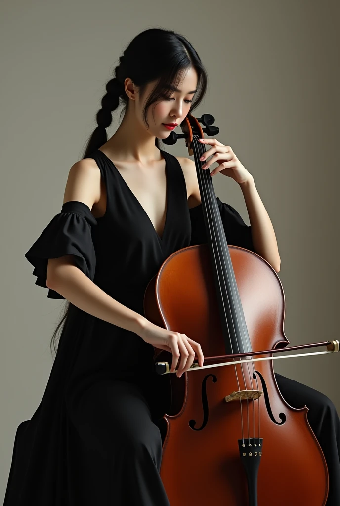 arafed woman in black dress playing a cello on a chair, portrait sophie mudd, cello, ayamin kojima, portrait shot, musician, violin, marin kitagawa, deayami kojima, close up portrait shot, classical, korean artist, with black pigtails, alina ivanchenko, instrument, anna nikonova, anastasia ovchinnikova