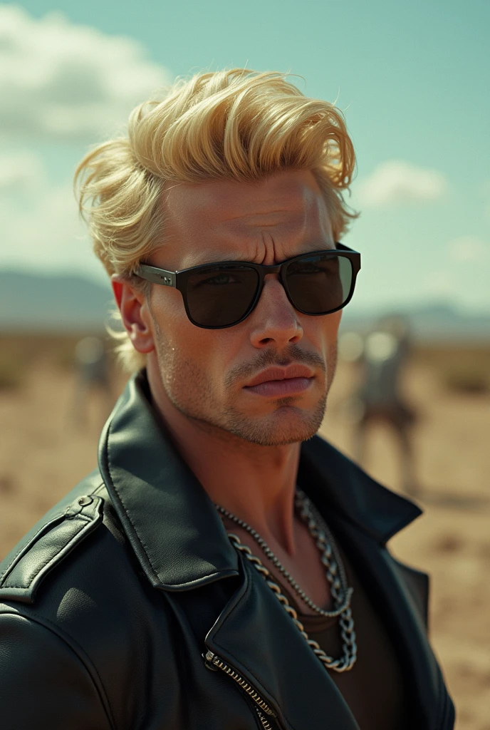 (photorealism:1.2), blond man with sunglasses and leather outfil, looking with disdain at the camera. The background is a desolated future