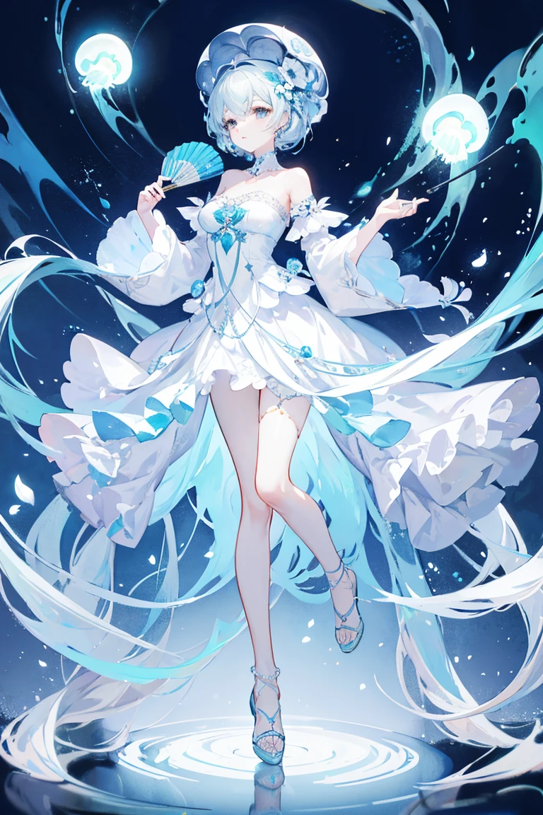 elegant，Holding a folding fan，fullbody，(Soft colors), (muted colors), (high quality render), light blue moon jellyfish personified, dainty, pearls, white color theme, ((illustration))