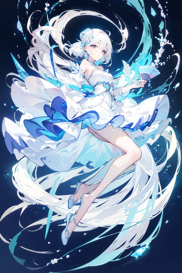 elegant，Holding a folding fan，fullbody，(Soft colors), (muted colors), (high quality render), light blue moon jellyfish personified, dainty, pearls, white color theme, ((illustration))