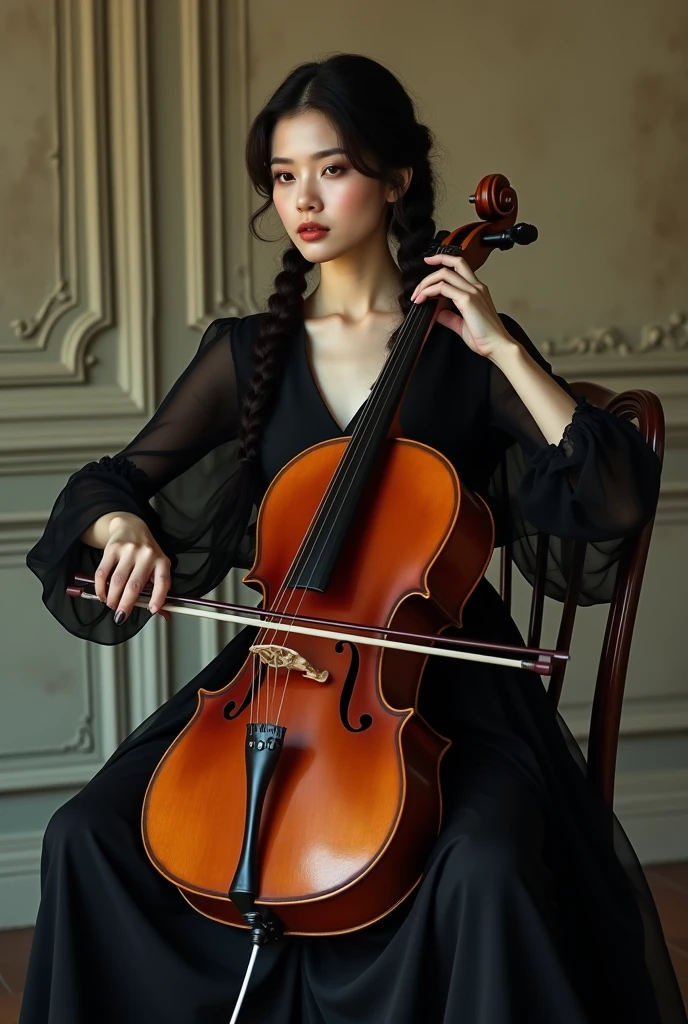 arafed woman in black dress playing a cello on a chair, a portrait by Natasha Tan, shutterstock, baroque, portrait sophie mudd, cello, ayamin kojima, portrait shot, musician, violin, marin kitagawa, deayami kojima, close up portrait shot, classical, korean artist, with black pigtails, instrument, alina ivanchenko