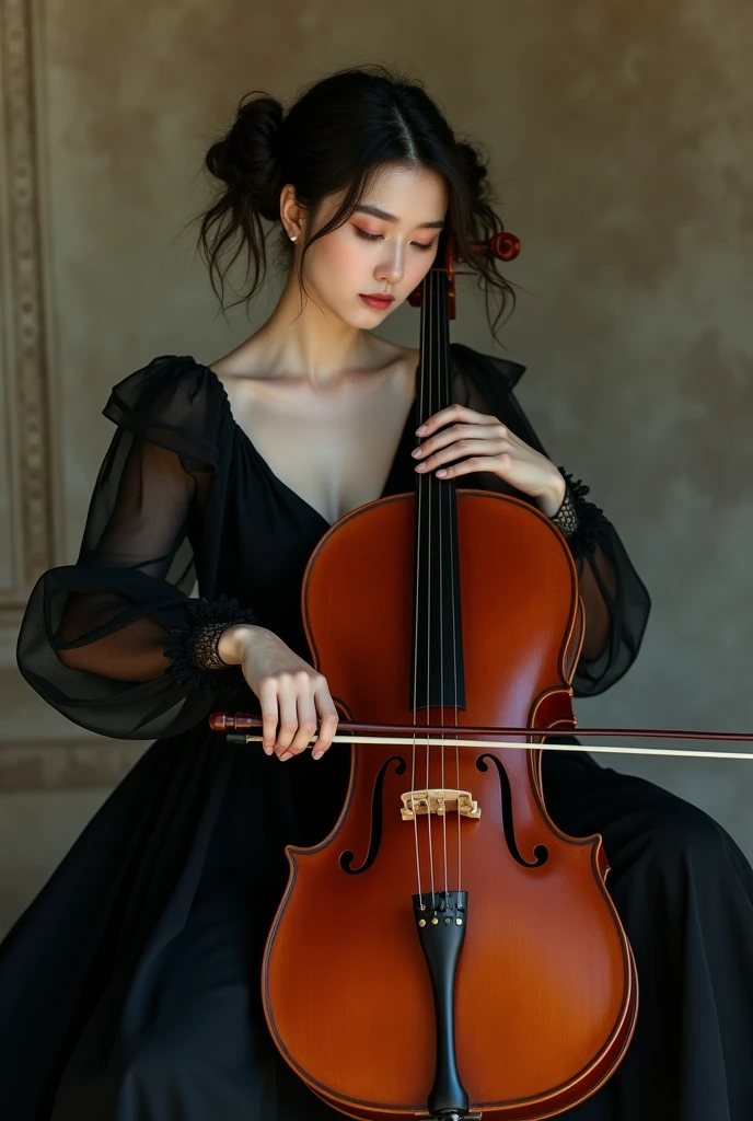 arafed woman in black dress playing a cello on a chair, a portrait by Natasha Tan, shutterstock, baroque, portrait sophie mudd, cello, ayamin kojima, portrait shot, musician, violin, marin kitagawa, deayami kojima, close up portrait shot, classical, korean artist, with black pigtails, instrument, alina ivanchenko