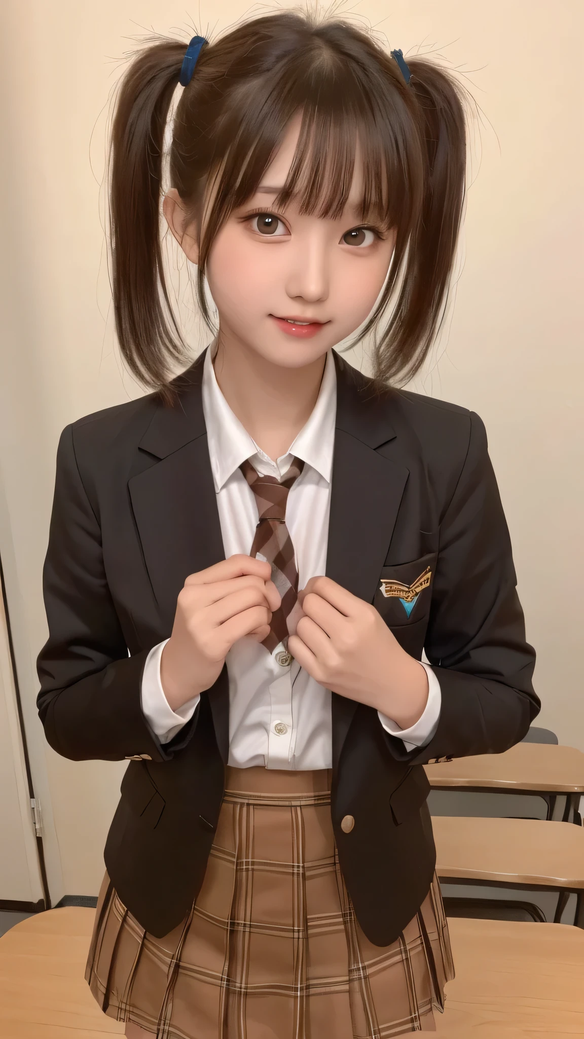 Tabletop, Highest quality, (beautiful girl:1.3), (16 years old:1.2), Very fine grain definition, (Symmetrical eyes:1.3), ((Browsing Caution)), (school uniform, Cute checked brown skirt:1.3), Beautiful breasts, Brown eyes, Parted bangs, Brown Hair, Upper teeth,Twin tail hairstyle,Brown blazer