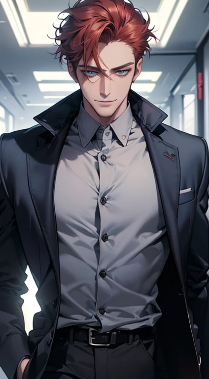 (best quality, masterpiece, 8K, photorealistic, cinematic lighting, hdr image, ultra detailed, beautiful image), a mature man, very handsome, smile, short grey red hair, gray blue eyes, perfect face without errors, ((buttoning the jacket, CEO))