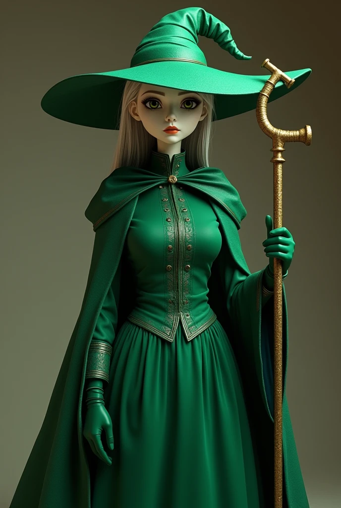 generates a white-skinned lady with a long green dress, strong green hat and a strong green old one and green gloves, and have a golden lever in your hand