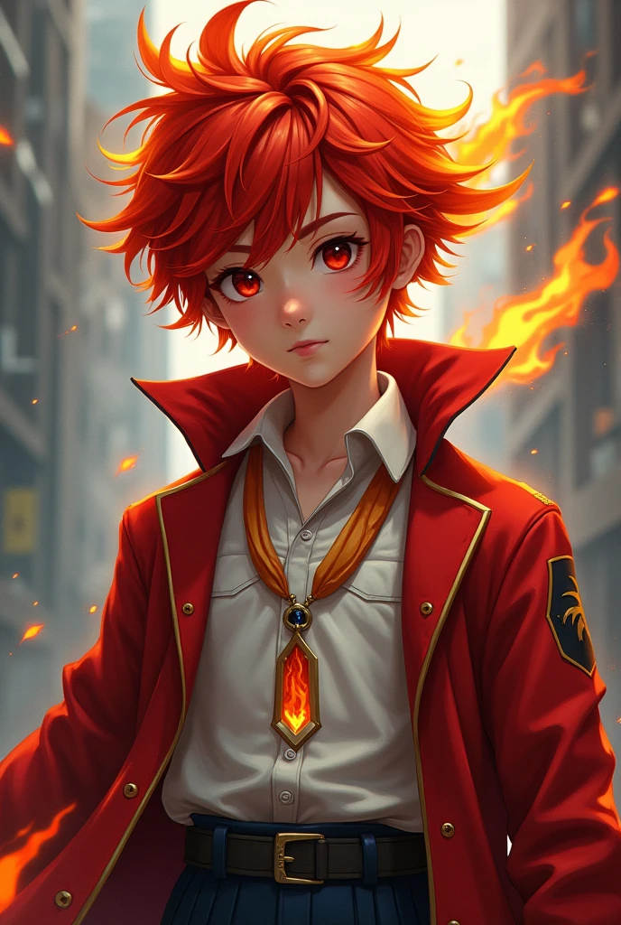 Boy with fire hair, blouse with red coat with fire on the blouse, white blouse, red clothes, white sneakers, gamer
