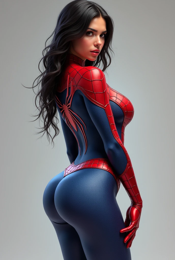Girl in spiderman costume without mask nice body black hair thick thighs full body posing like a prostitute posing her legs and ass, Don't make it too humanized, Digital art