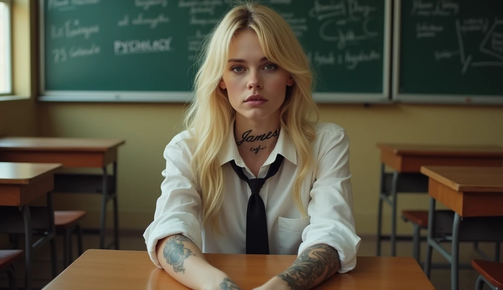 Actress Ellen Fanning sits in what appears to be a classroom setting. He has long blond hair and wears a shirt with a tie., which adds a formal yet youthful touch to your appearance. His gaze is directed towards the viewer, with a calm and introspective expression, that together with his slightly parted lips, adds to your contemplative attitude. His most notable features include the tattoo visible on his neck, what does it say "cali" in a delicate handwriting, and another intricate tattoo on his arm, which suggests a mix of elegance and nervousness in his character. the bottom, although slightly blurry, clearly shows traditional classroom elements, like desks and blackboards that are written "JAMES PSYCHOLOGY", that contrast with its modern and somewhat rebellious aesthetic. This juxtaposition evokes a sense of individuality and defiance in the face of conventional environments Seed 2035732640