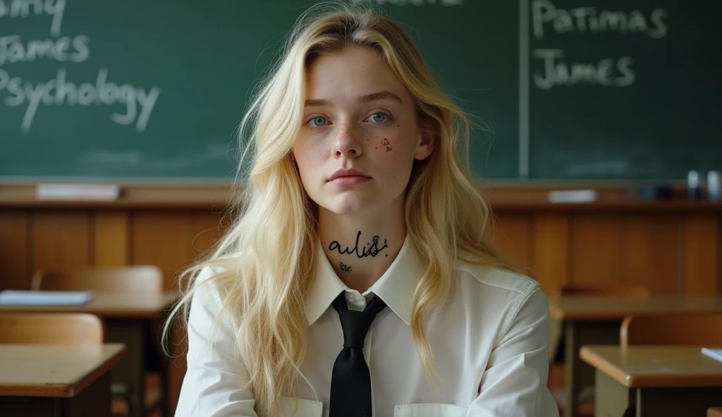 Actress Ellen Fanning sits in what appears to be a classroom setting. He has long blond hair and wears a shirt with a tie., which adds a formal yet youthful touch to your appearance. His gaze is directed towards the viewer, with a calm and introspective expression, that together with his slightly parted lips, adds to your contemplative attitude. His most notable features include the tattoo visible on his neck, what does it say "cali" in a delicate handwriting, and another intricate tattoo on his arm, which suggests a mix of elegance and nervousness in his character. the bottom, although slightly blurry, clearly shows traditional classroom elements, like desks and blackboards that are written "JAMES PSYCHOLOGY", that contrast with its modern and somewhat rebellious aesthetic. This juxtaposition evokes a sense of individuality and defiance in the face of conventional environments Seed 2035732640