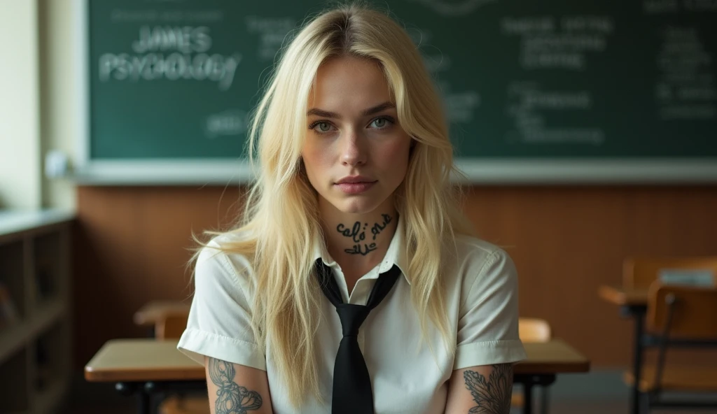 Actress Ellen Fanning sits in what appears to be a classroom setting. He has long blond hair and wears a shirt with a tie., which adds a formal yet youthful touch to your appearance. His gaze is directed towards the viewer, with a calm and introspective expression, that together with his slightly parted lips, adds to your contemplative attitude. His most notable features include the tattoo visible on his neck, what does it say "cali" in a delicate handwriting, and another intricate tattoo on his arm, which suggests a mix of elegance and nervousness in his character. the bottom, although slightly blurry, clearly shows traditional classroom elements, like desks and blackboards that are written "JAMES PSYCHOLOGY", that contrast with its modern and somewhat rebellious aesthetic. This juxtaposition evokes a sense of individuality and defiance in the face of conventional environments Seed 2035732640