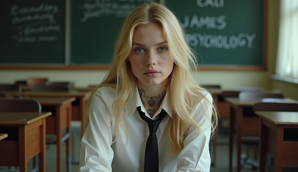 Actress Ellen Fanning sits in what appears to be a classroom setting. He has long blond hair and wears a shirt with a tie., which adds a formal yet youthful touch to your appearance. His gaze is directed towards the viewer, with a calm and introspective expression, that together with his slightly parted lips, adds to your contemplative attitude. His most notable features include the tattoo visible on his neck, what does it say "cali" in a delicate handwriting, and another intricate tattoo on his arm, which suggests a mix of elegance and nervousness in his character. the bottom, although slightly blurry, clearly shows traditional classroom elements, like desks and blackboards that are written "JAMES PSYCHOLOGY", that contrast with its modern and somewhat rebellious aesthetic. This juxtaposition evokes a sense of individuality and defiance in the face of conventional environments Seed 2035732640