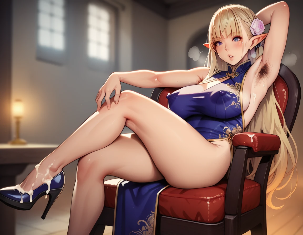 score_9, score_8_up, score_7_up, boring_sdxl_v1, very hairy armpits, looking up, elf, blonde hair, , bangs, armpit hair, armpit hair peek, hairy, long hair, blush, breath, heavy breathing, (blurry background, indoors, castle background, , simple background), masterpiece, high quality, large eyes, pointy ears, , large breasts, choker, large breasts, sagging breasts, bangs, volumetric lighting, cinematic lighting, 1girl, neolight, , extreme armpit hair, thick armpit hair, detailed armpit hair, flirty, very hairy armpits, excessive armpit hair, armpit hair, hairy armpits, armpit hair peek, hairy armpit peek, choker, china dress, jewelry, slit leg dress, legs, tight dress, , chinese clothes, embroidery, embroidered dress, 1girl, solo, high heels, heels, full body shot, slim, curvy, crossed legs, legs crossed, thighs, feet, one arm down, sitting on chair, cum on high heels, cum on feet, cum, sitting,