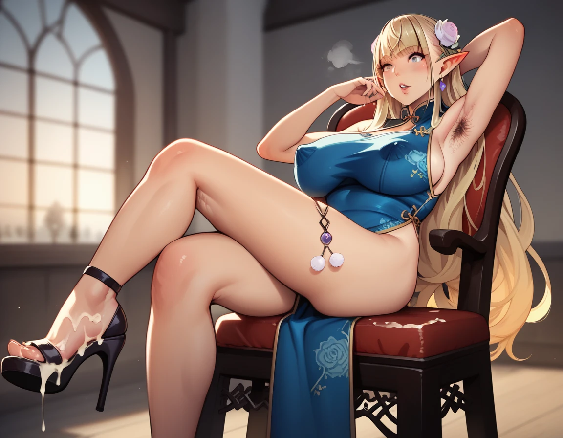 score_9, score_8_up, score_7_up, boring_sdxl_v1, very hairy armpits, looking up, elf, blonde hair, , bangs, armpit hair, armpit hair peek, hairy, long hair, blush, breath, heavy breathing, (blurry background, indoors, castle background, , simple background), masterpiece, high quality, large eyes, pointy ears, , large breasts, choker, large breasts, sagging breasts, bangs, volumetric lighting, cinematic lighting, 1girl, neolight, , extreme armpit hair, thick armpit hair, detailed armpit hair, flirty, very hairy armpits, excessive armpit hair, armpit hair, hairy armpits, armpit hair peek, hairy armpit peek, choker, china dress, jewelry, slit leg dress, legs, tight dress, , chinese clothes, embroidery, embroidered dress, 1girl, solo, high heels, heels, full body shot, slim, curvy, crossed legs, legs crossed, thighs, feet, one arm down, sitting on chair, cum on high heels, cum on feet, cum, sitting,