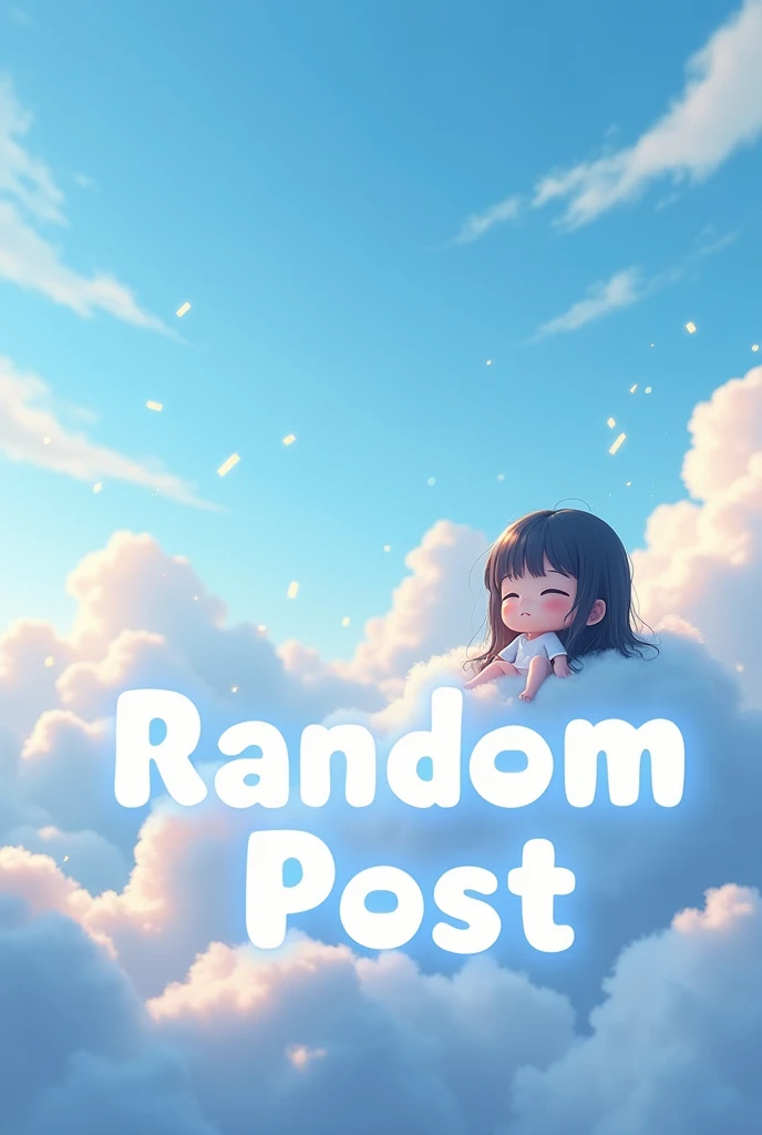 Make an Image in an environment in the clouds with light blue sparkles with the text Random Post with white and luminous letters with a large simple anime girl sitting on the letters 