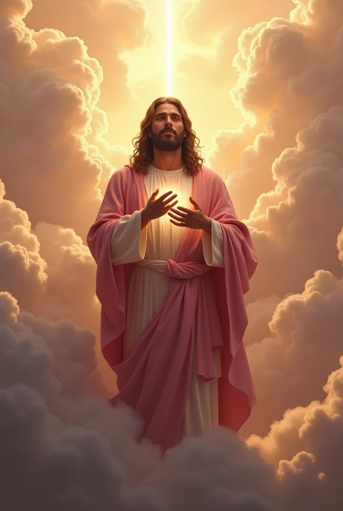 (photorealism:1.2), handsome Jesus Christ, crying while praying in the clouds, wearing pink king clothes with light in his head and heart spreading all over in the clouds, perfect Jesus Christ, real Jesus Christ, perfect five hands, perfect crying face, elegant, soft lighting, many clouds, stand straight, realistic, intricate details, warm colors, by Earl Cornelio Necor