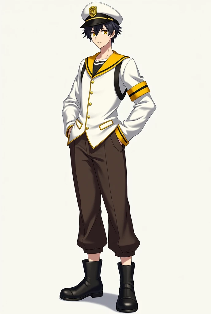 I want a full body image of a young, male anime character around 30 years old, The character is a sailor with glasses, black hair and white skin., The color of his eyes is yellow, wears a sailor hat with a musical note, a white sea captain&#39;s uniform, The color palette of the uniform is white with yellow, His pants are dark brown and he wears black boots.