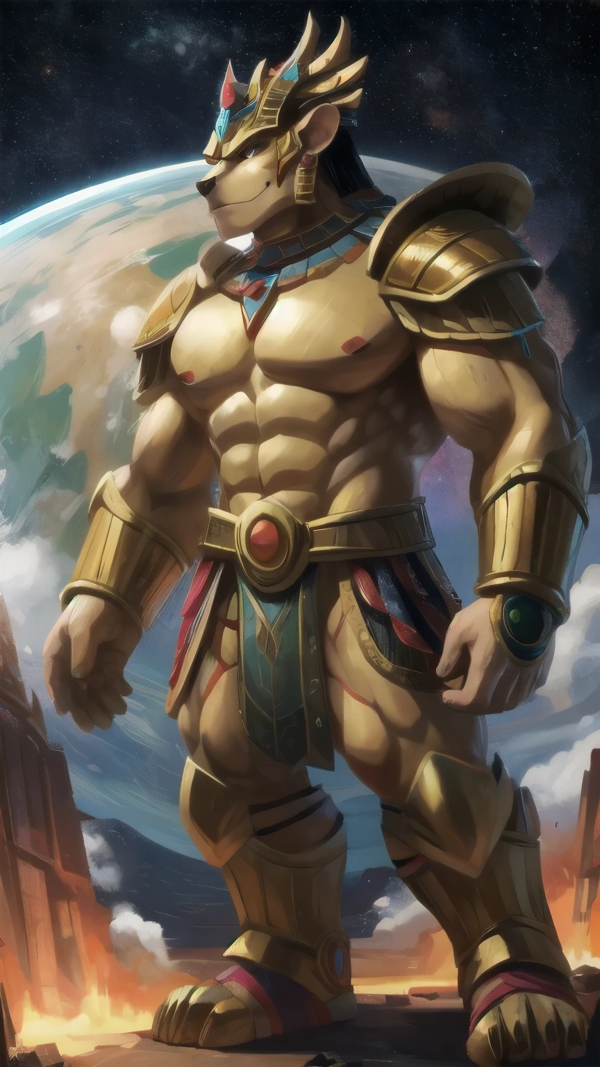 (full body), golden mayan god, handsome, strong, armor, macro on Earth's surface in space, smirk