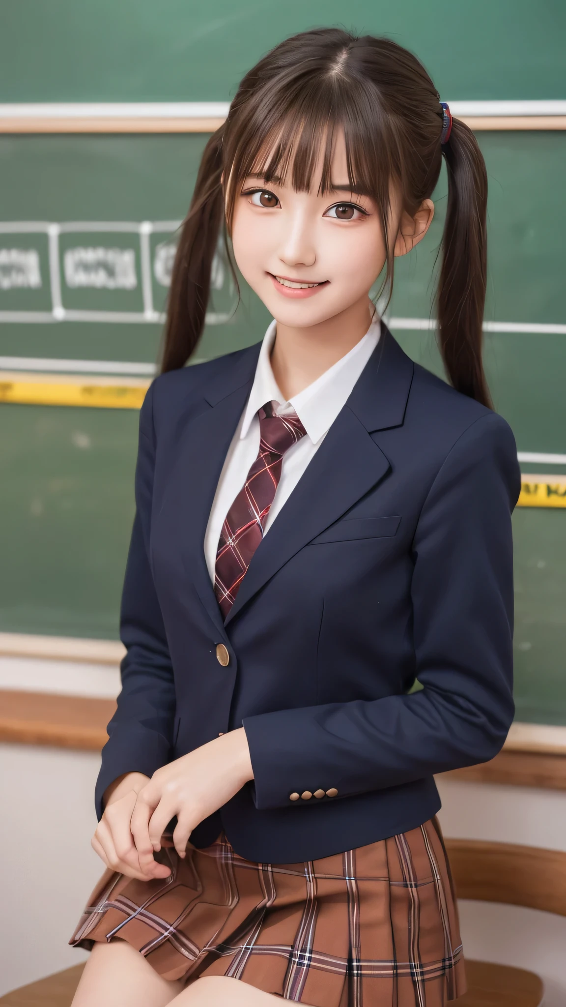 Tabletop, Highest quality, (beautiful girl:1.3), (16 years old:1.2), Very fine grain definition, (Symmetrical eyes:1.3), ((Browsing Caution)), (school uniform,  Cute checked skirt:1.3), Beautiful breasts, Brown eyes, Parted bangs, Brown Hair, Upper teeth,Twin tail hairstyle,Brown blazer