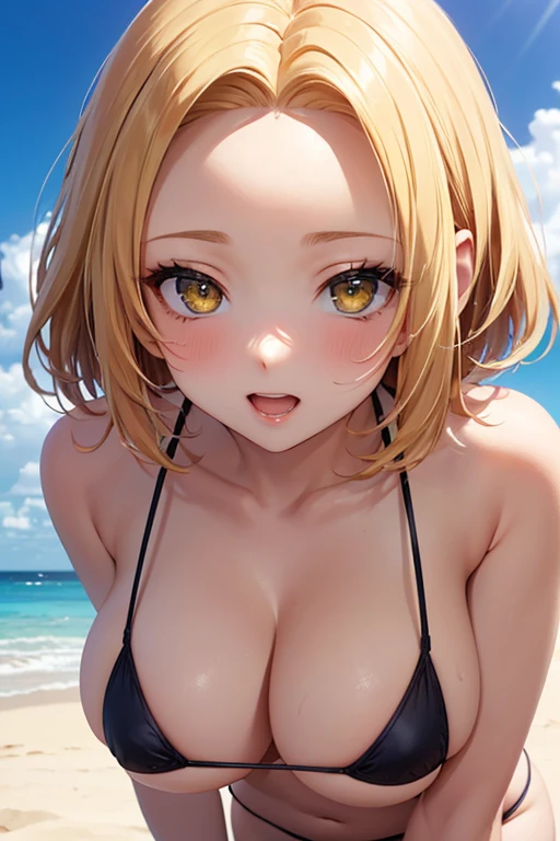 One Woman, Highest quality, masterpiece, Super Resolution, super high quality, Large Breasts, Idol, Beauty, ((From the front 1.2)), Cleavage, 8k, High resolution eyes, High-resolution contours, ((Forehead visible 1.3)), Stylish, High-resolution pupils, blush, High resolution face, High resolution breasts, Ultra HD, Open your mouth, Upper Body, High resolution mouth, Sexy body, ((Super cool face 1.5)), ((Hanging 1.6)), Broken bangs, Yellow Eyes, model, Mature Woman, Adult women, Beautiful clavicle, High resolution hair, Mother, maternal, Underboob, Sideboob, Married Woman, couple, super beautiful, Charm, Alluring, Open your mouth, Blonde, short hair, Micro Bikini, Beach,