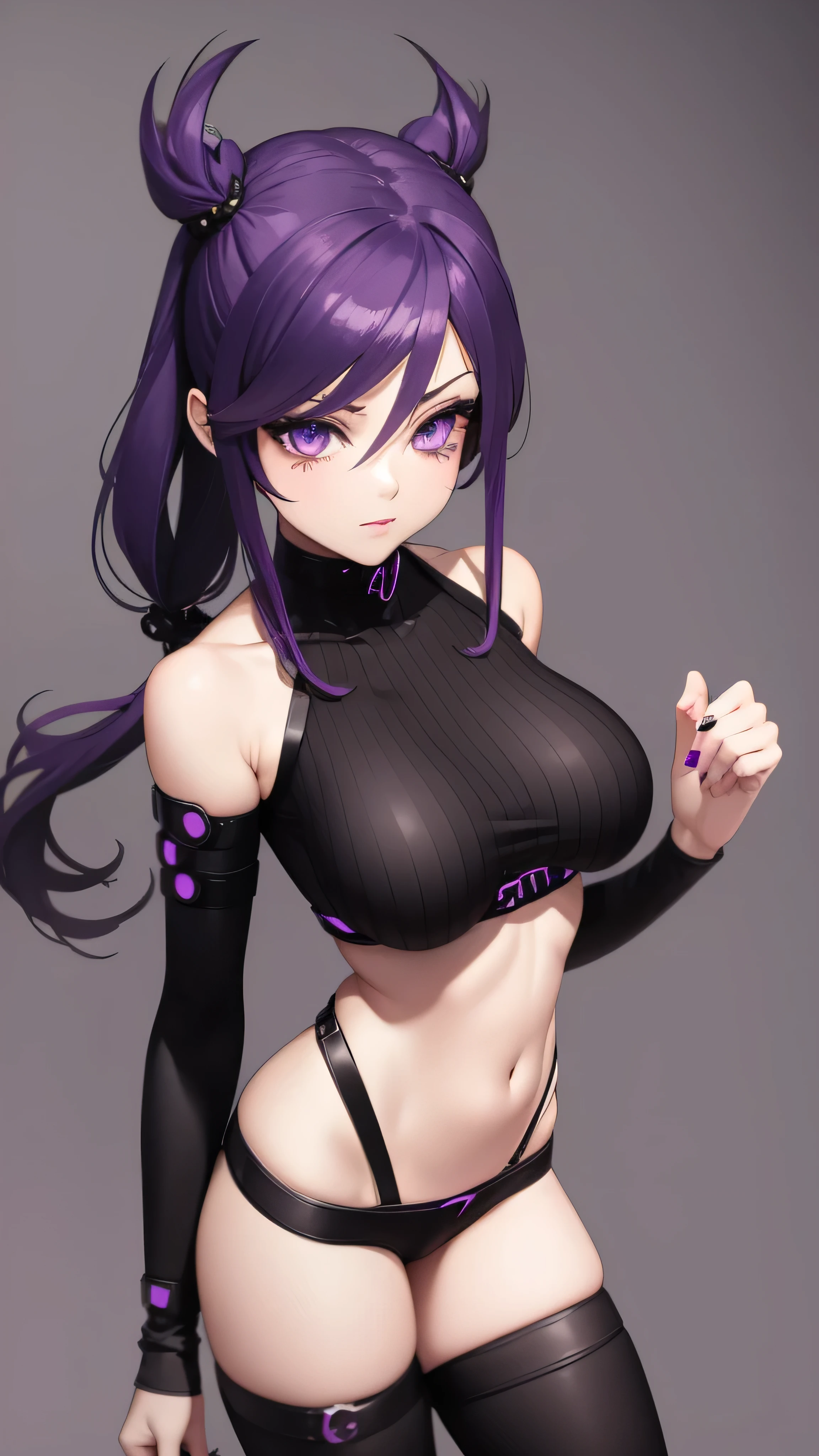 une fille, manga, de dos, very detailed face, tout le corps, cyberpunk, purple eyes, black har, hairstyle with pigtails, vulgar, sexly, collant noirs, Jupe moulante, beautiful breasts, beau cul rebondi, wide hip, hot, provocative