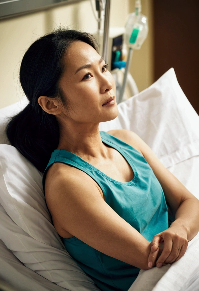 Beautiful 30 year old athletic asian woman wearing tank top lying in hospital bed. Toned arms. Female nurse standing next to her talking to her with hand on her upper arm. Photo taken from side