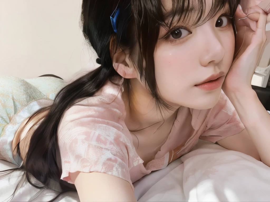 there is a woman laying on a bed with her head on her hand, Yoshitomo Nara, girl cute-fine-face, Chiho, ulzzang, sakimi chan, sakimichan, Belle Delphine, shikamimi, lalisa manobal, 19-year-old girl