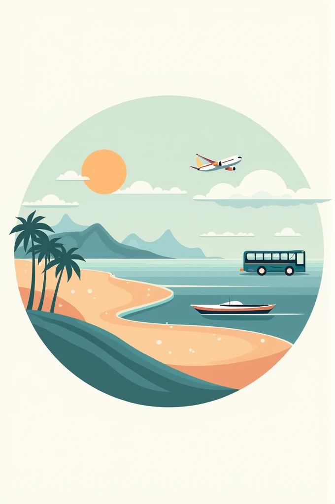 Circle logo for tour operator(pastel colors , planes and buses , and beaches)