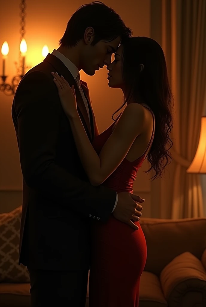 Man having sex with a woman doggy style on a bed with red lights around it
