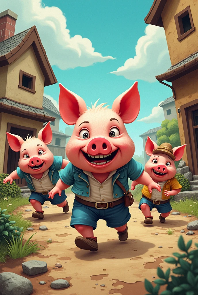 The 3 little pigs in the version where the pigs are bad and naughty cartoon