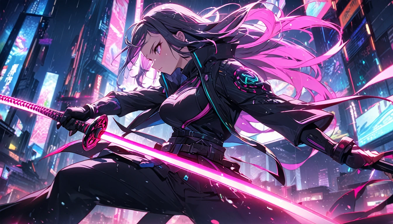 **204. One person。Cyber ninja fighting scene。Neon City。Cowboy shot or close-up。
masterpiece, best quality, ultra detailed (Detailed fingers), (Emotional), (Breathtakingly beautiful),
(main part: 1.2 Whole body。), (Anime Style), (Very detailed), (Fast and sharp movements),
(超High resolution, High resolution), (8k), (High resolution: 1.2), (Complex and beautiful: 1.2)**
- background: Futuristic city with neon lights、City at night with rain。
- Cyber Ninja: Wearing a black suit、Girl with a shining katana。
-pose: While moving at high speed、The moment the katana is swung down on the enemy。
-expression: Calm and focused expression、A ninja's stance blending into the darkness。
- Effects: The glow of the katana and the neon lights intertwine、An effect that emphasizes sharp movements。
-color: Black and neon pink、The contrast between cyberspace and the night city is striking。