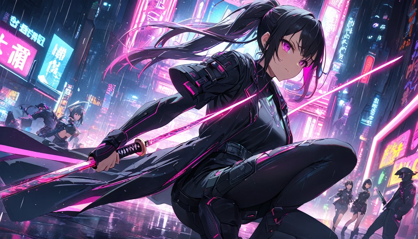 **204. One person。Cyber ninja fighting scene。Neon City。Cowboy shot or close-up。  
masterpiece, best quality, ultra detailed (Detailed fingers), (Emotional), (Breathtakingly beautiful),  
(main part: 1.2 Whole body。), (Anime Style), (Very detailed), (Fast and sharp movements),  
(超High resolution, High resolution), (8k), (High resolution: 1.2), (Complex and beautiful: 1.2)**
- background: Futuristic city with neon lights、City at night with rain。
- Cyber Ninja: Wearing a black suit、Girl with a shining katana。
-pose: While moving at high speed、The moment the katana is swung down on the enemy。
-expression: Calm and focused expression、A ninja&#39;s stance blending into the darkness。
- Effects: The glow of the katana and the neon lights intertwine、An effect that emphasizes sharp movements。
-color: Black and neon pink、The contrast between cyberspace and the night city is striking。

