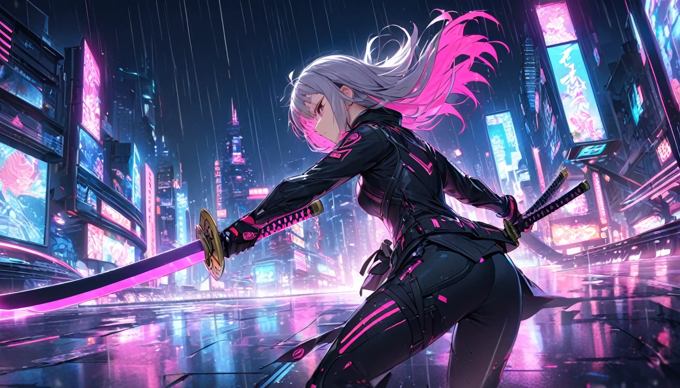 **204. One person。Cyber ninja fighting scene。Neon City。Cowboy shot or close-up。
masterpiece, best quality, ultra detailed (Detailed fingers), (Emotional), (Breathtakingly beautiful),
(main part: 1.2 Whole body。), (Anime Style), (Very detailed), (Fast and sharp movements),
(超High resolution, High resolution), (8k), (High resolution: 1.2), (Complex and beautiful: 1.2)**
- background: Futuristic city with neon lights、City at night with rain。
- Cyber Ninja: Wearing a black suit、Girl with a shining katana。
-pose: While moving at high speed、The moment the katana is swung down on the enemy。
-expression: Calm and focused expression、A ninja's stance blending into the darkness。
- Effects: The glow of the katana and the neon lights intertwine、An effect that emphasizes sharp movements。
-color: Black and neon pink、The contrast between cyberspace and the night city is striking。