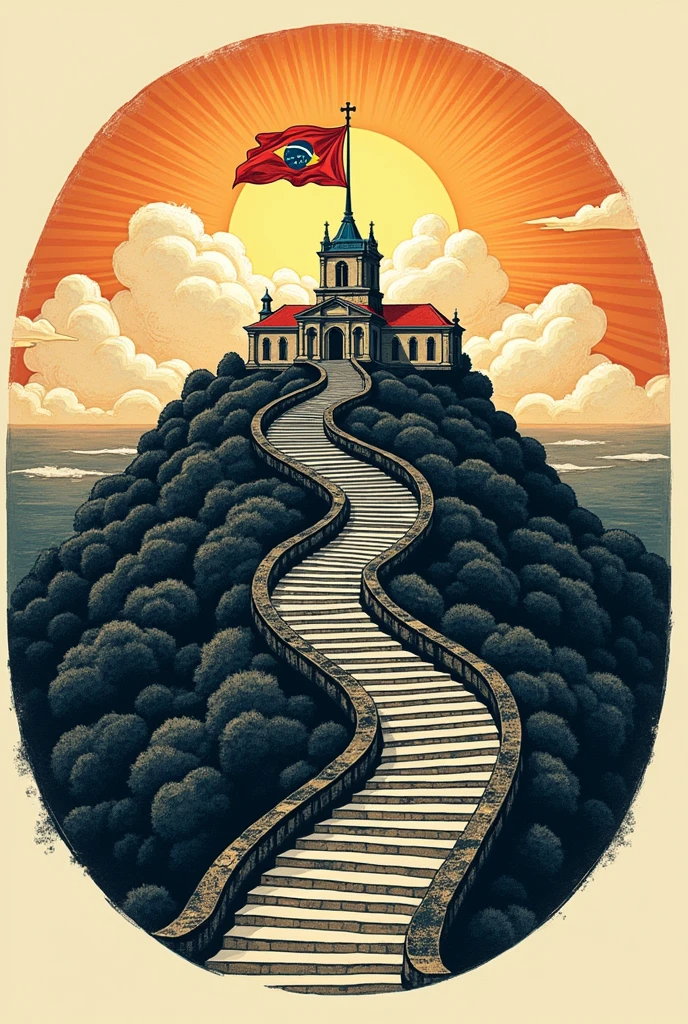 in the WOODCUT style, inside a circle, a representation of the Bom Jesus hill in Caruaru Pernambuco, where the staircase is, church, floor, flag of saint john
