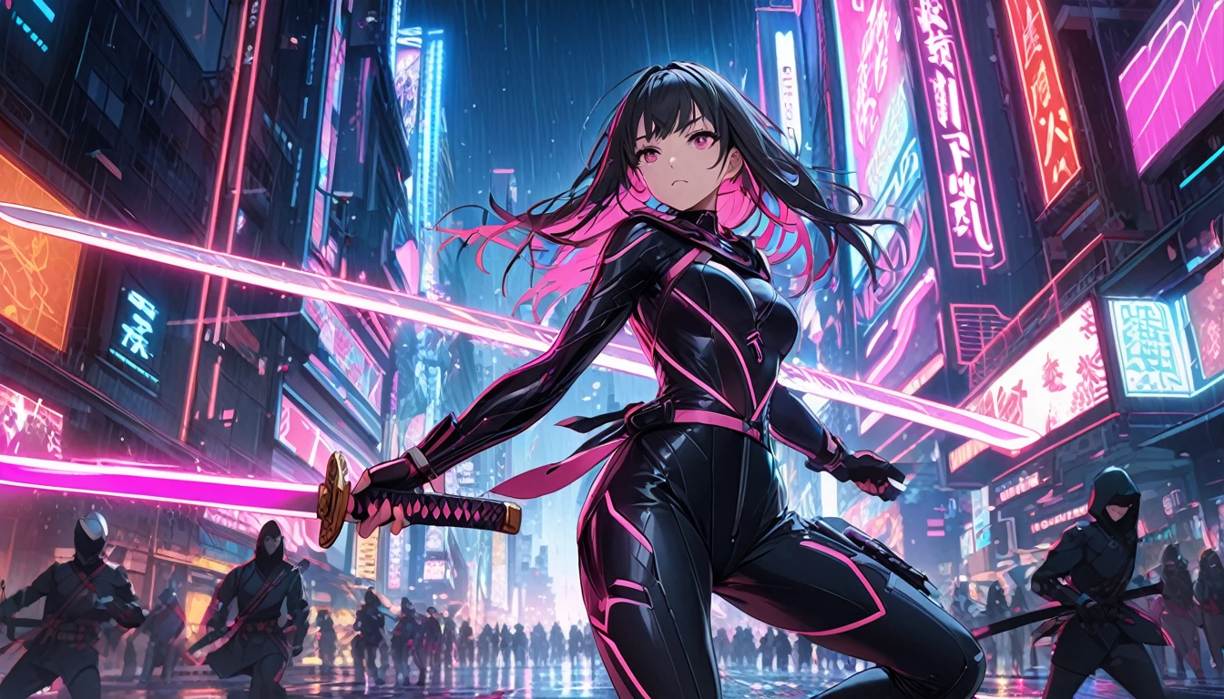 **204. One person。Cyber ninja fighting scene。Neon City。Cowboy shot or close-up。  
masterpiece, best quality, ultra detailed (Detailed fingers), (Emotional), (Breathtakingly beautiful),  
(main part: 1.2 Whole body。), (Anime Style), (Very detailed), (Fast and sharp movements),  
(超High resolution, High resolution), (8k), (High resolution: 1.2), (Complex and beautiful: 1.2)**
- background: Futuristic city with neon lights、City at night with rain。
- Cyber Ninja: Wearing a black suit、Girl with a shining katana。
-pose: While moving at high speed、The moment the katana is swung down on the enemy。
-expression: Calm and focused expression、A ninja&#39;s stance blending into the darkness。
- Effects: The glow of the katana and the neon lights intertwine、An effect that emphasizes sharp movements。
-color: Black and neon pink、The contrast between cyberspace and the night city is striking。
