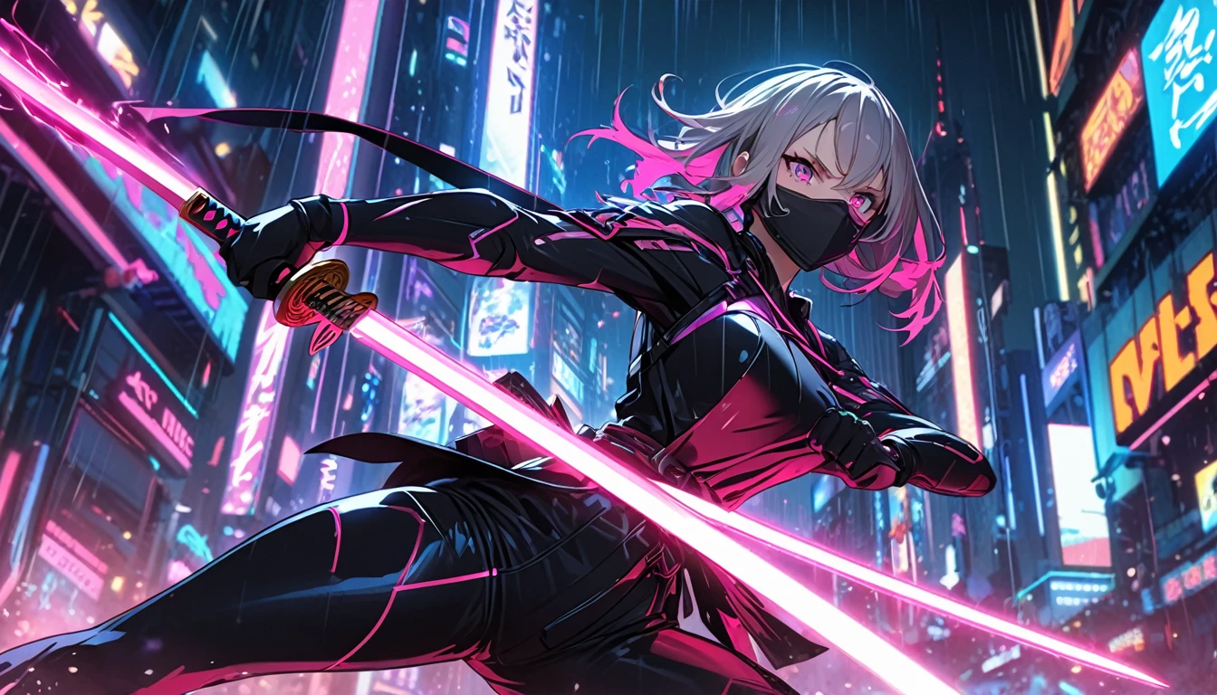 **204. One person。Cyber ninja fighting scene。Neon City。Cowboy shot or close-up。
masterpiece, best quality, ultra detailed (Detailed fingers), (Emotional), (Breathtakingly beautiful),
(main part: 1.2 Whole body。), (Anime Style), (Very detailed), (Fast and sharp movements),
(超High resolution, High resolution), (8k), (High resolution: 1.2), (Complex and beautiful: 1.2)**
- background: Futuristic city with neon lights、City at night with rain。
- Cyber Ninja: Wearing a black suit、Girl with a shining katana。
-pose: While moving at high speed、The moment the katana is swung down on the enemy。
-expression: Calm and focused expression、A ninja's stance blending into the darkness。
- Effects: The glow of the katana and the neon lights intertwine、An effect that emphasizes sharp movements。
-color: Black and neon pink、The contrast between cyberspace and the night city is striking。