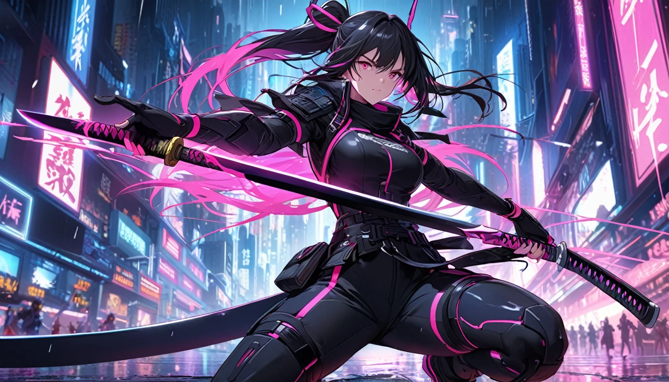 **204. One person。Cyber ninja fighting scene。Neon City。Cowboy shot or close-up。  
masterpiece, best quality, ultra detailed (Detailed fingers), (Emotional), (Breathtakingly beautiful),  
(main part: 1.2 Whole body。), (Anime Style), (Very detailed), (Fast and sharp movements),  
(超High resolution, High resolution), (8k), (High resolution: 1.2), (Complex and beautiful: 1.2)**
- background: Futuristic city with neon lights、City at night with rain。
- Cyber Ninja: Wearing a black suit、Girl with a shining katana。
-pose: While moving at high speed、The moment the katana is swung down on the enemy。
-expression: Calm and focused expression、A ninja&#39;s stance blending into the darkness。
- Effects: The glow of the katana and the neon lights intertwine、An effect that emphasizes sharp movements。
-color: Black and neon pink、The contrast between cyberspace and the night city is striking。
