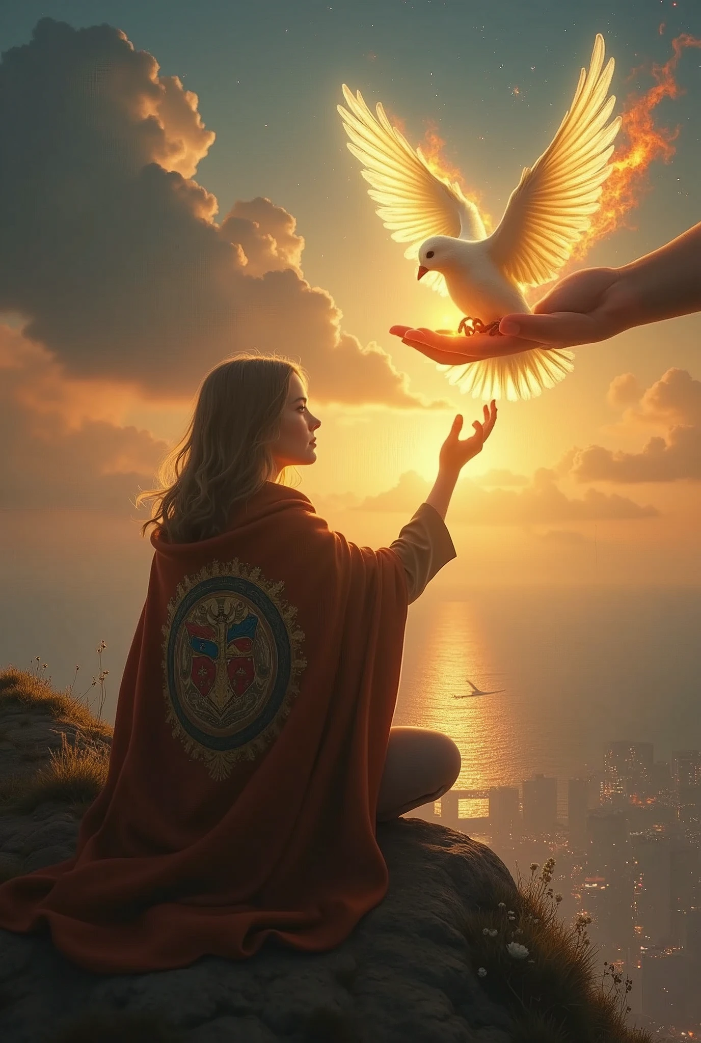 create an image for me, a girl with dark blonde hair, covered with a brown cloak with a coat of arms of Our Lady of Graces on the back, sitting on top of a mountain, in the sky there is a hand that comes out of a cloud and sends a luminous dove of light and fire that touches the mouth of this dove with its paw , facing a city that is being built on the sea side. with a contrast between sunset and night