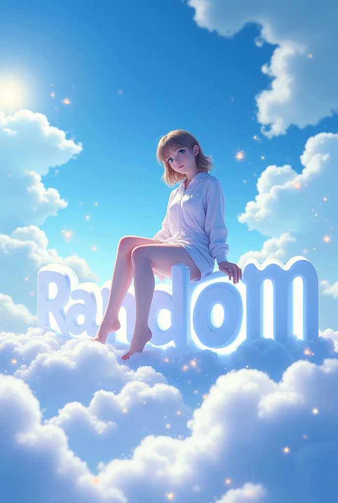 Make an Image in an environment in the clouds with light blue sparkles with the text Random Post with white and luminous letters with a large anime girl sitting on the letters 